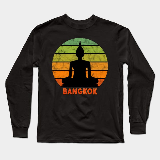 Bangkok Buddha Silhouette On A Rainbow Of Sunset Colors Long Sleeve T-Shirt by VintCam